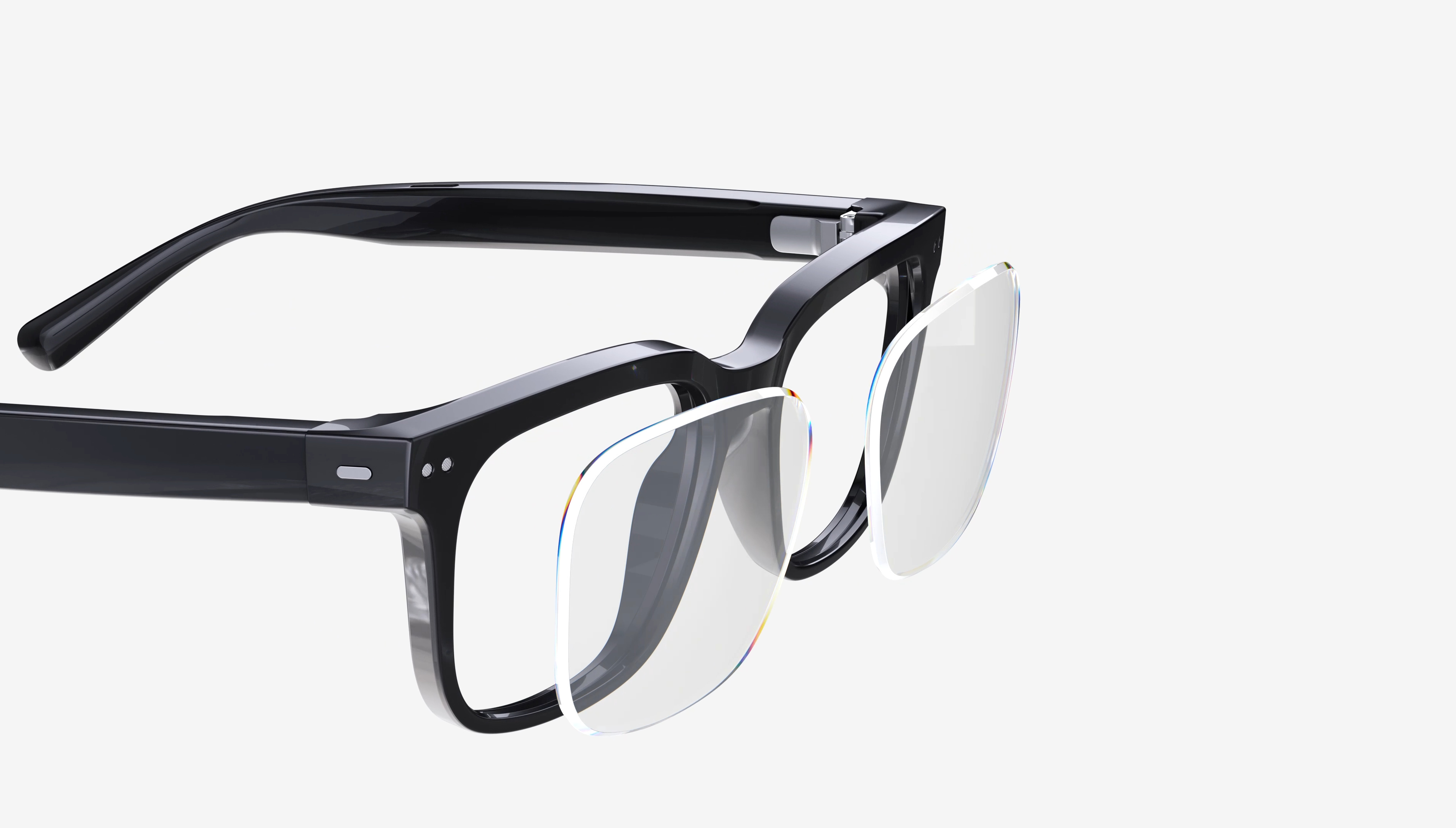 Nuance Audio Square hearing glasses with prescription lenses exploded view